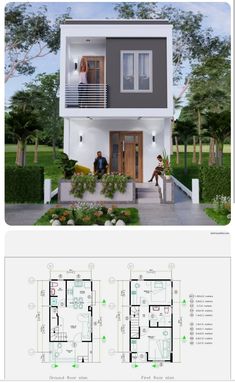 two story house plan with floor plans and measurements