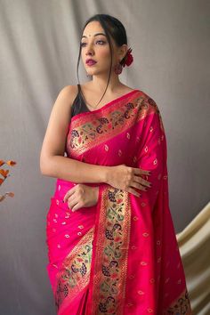 Grab These Party Wear Saree With Blouse in Fine Colored.These Saree And Blouse is Fabricated On Soft Silk.Its Beautified With Paithani Meenakari Zari Woven DesignProduct Features: Top Color: Pink Bottom Color: Pink Top Fabric: Silk Bottom Fabric: Silk Work: Paithani Meenakari Zari Woven Design Wash Care: Dry Clean Occasion: Partywear, Casual Product Type: Saree Disclaimer: There will be slight difference in digital to actual image Indo Western Saree, Maharashtrian Saree, Saree Bollywood, Designer Kurta, South Indian Sarees, Lehenga Style, Ethnic Sarees, Combo Dress, Silk Bottoms