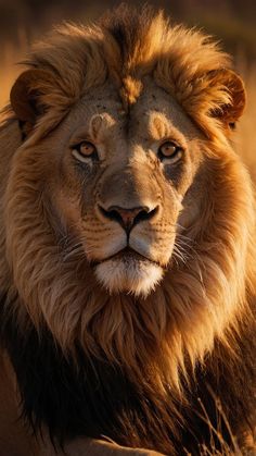 a close up of a lion laying down in the grass with its eyes open and looking at the camera