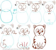 step by step instructions on how to draw a cartoon cat with different facial expressions for kids