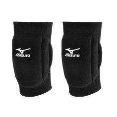 two black knee pads with the word mizuno written on them and white logo