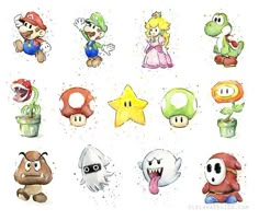 some mario and luigi characters are depicted in watercolor on paper, with the words super mario written above them