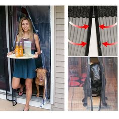 a woman holding a tray with food in it while standing next to a dog