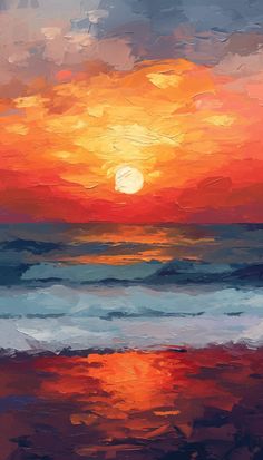 an oil painting of a sunset over the ocean with orange and blue colors on it