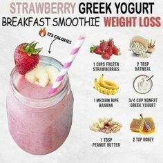 a smoothie in a glass with strawberries and bananas on the side, along with information about how to make it