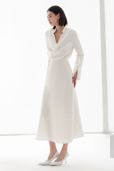 White Elegant Dress Classy, Luxury Chic Midi Length V-neck Dress, V Neckline, Luxury Classic V-neck Midi Dress, Luxury Feminine V-neck Midi Dress, Luxury Silk Midi Dress With V-neck, Elegant Off-white V-neck Midi Dress, Dress Drape, Cowl Dress