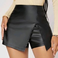 Black 2-Layer Hem Pu Leather Skort 100% Polyurethane/Coating 100% Polyester/Composition Asymmetrical Skort, Leather Skort, Spring Shorts, Asymmetrical Skirt, Mua Sắm, Primavera Estate, High Waisted Shorts, Short Outfits, Pu Leather