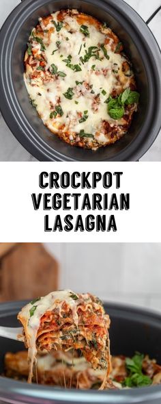 the crockpot vegetarian lasagna is loaded with cheese and spinach