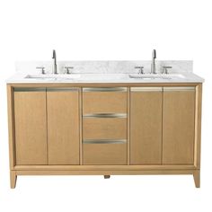 a double sink vanity with two faucets and marble counter tops on each side