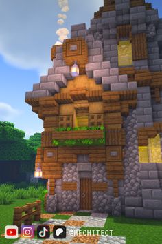 an image of a house made out of wood and stone in the minecraft game