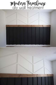 the before and after shots of an unfinished wall paneling project with white paint on it