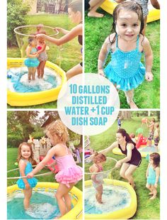 collage of photos showing children playing in an outdoor water and cup dispenser