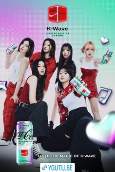 an advertisement for k - wave with girls in red and white outfits, one holding a can