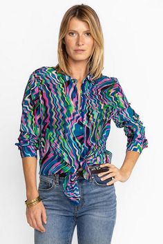 Adding a vivacious display of color to your wardrobe, the Moonwave Button Down Shirt features a mesmerizing unforgettable pattern. Crafted from 100% luxurious silk and adorned with fabric covered button this lovely blouse adds life to a classic silhouette. Pair with black slacks and kitten heels for a fresh workday look. Women's Moonwave blue Button Down Shirt by Johnny Was, Size XS, Silk Multicolor Silk Shirt For Spring, Long Sleeve Silk Blouse With Vibrant Print, Silk Tops With Vibrant Print And Long Sleeves, Chic Silk Top With Abstract Print, Multicolor Silk Top With Vibrant Print, Multicolor Silk Tops With Vibrant Print, Chic Multicolor V-neck Shirt, Multicolor Printed Silk Shirt, Multicolor Printed Silk Blouse