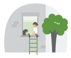 a woman and child are looking out the window while standing on a ladder in front of a tree