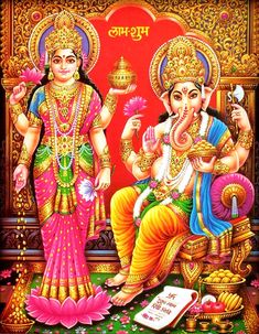 lord ganesha and goddess siting on the ground with flowers in their hands