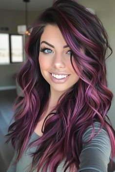 24 Hottest Black Cherry Hair Color Ideas for 2024 – CreativeBooster Colored Hair For Blue Eyes, Brunette With Burgundy Balayage, Different Hair Highlights Colour, Plum And Blonde Highlights, White Silver Highlights, Blonde Hair With Violet Lowlights, Purple Hair Melt, Fall Hair Colors Chunky Highlights, Block Hair Colours