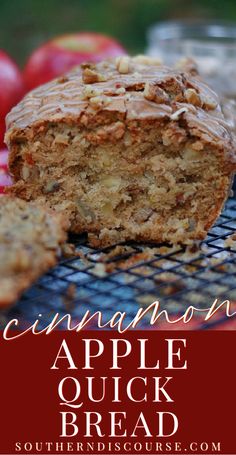 cinnamon apple quick bread on a cooling rack with apples in the background and text overlay