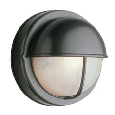 an outdoor light that is black and has a white light on the side of it