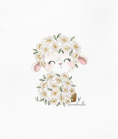 a watercolor painting of a sheep with flowers on its head