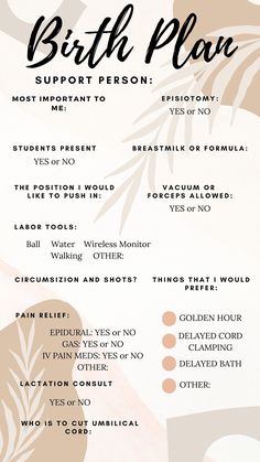 the birth plan is shown with flowers and leaves on white paper, which reads birth plan support person most important to