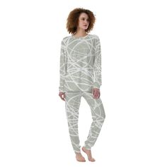 Lightweight and breathable women's pajamas featuring original white and sage green BJORLIE print. Great for loungewear, sleepwear and casual wear. Fabric is soft, comfortable and skin-friendly ● Fabric:Brush(88% polyester and 12% spandex) ● Regular fit ● Crew neck, long sleeves, two-piece suit, snug-fit shirt and pants cuff. ● Fabric weight:210 g/m² ● Stitch Color: black or white, automatically matched based on patterns. ● Average Production Time: 2-4 business days Pjs Christmas, Futuristic Designs, White Pajamas, Pyjama Sets, Cuffed Pants, Womens Pyjama Sets, Womens Loungewear, Christmas Pajamas, Op Art