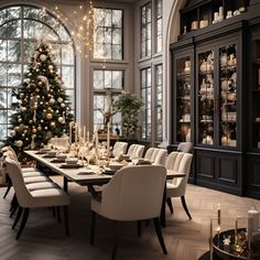 a dining room with a christmas tree in the corner