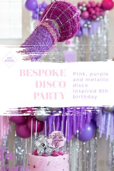 there is a pink cake with purple decorations on it and the words bespoke disco party