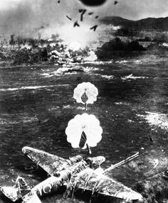 an old black and white photo with airplanes flying over water