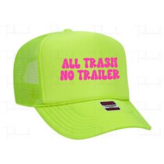 All Trash No Trailer Funny Trucker hat. High quality, Foam/Mesh construction with adjustable snapback. One size fits most.  Custom requests welcome.   Thank you so much for visiting my shop! Yellow Trucker Hat With Flat Bill, Yellow Trucker Snapback Hat, Green Hip Hop Trucker Hat Snapback, Green Hip Hop Snapback Trucker Hat, Green Trucker Hat With Visor, Green Trucker Visor Hat, Green Hip Hop Cap, Funny Trucker Hat, Camo Trucker Hat