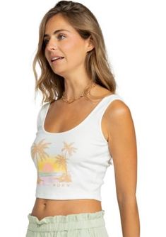 A tropical scene is displayed across this charming cropped t-shirt from Roxy. | Roxy Women's Sunset Beach Drive In Graphic T-Shirt, White, Medium Beach Season Crew Neck Crop Top, Summer Beach Crop Top With Crew Neck, Summer Beach Crew Neck Crop Top, Summer Crew Neck Crop Top For The Beach, Casual Crew Neck Crop Top For Beach Season, Trendy Tropical Print Top For Vacation, Trendy Top With Tropical Print For Vacation, Trendy Tops With Tropical Print For Vacation, Trendy Crop Top T-shirt For Beach