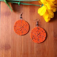 1pr Beautiful Women's Maasai Round Beaded Earrings Set. Length Of Earrings 3" Inches Long. Round Beaded Earrings, Beadwork Designs, Maasai, Brand Jewelry, No Brand, Earrings Set, Jewelry Branding, Color Orange, Round Beads