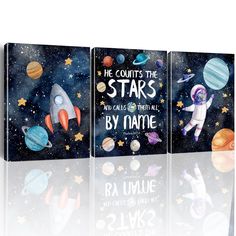 three children's books about the planets, stars and their names are on display