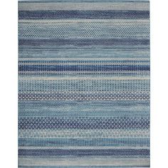 a blue and white rug with stripes on the bottom, in various sizes and colors