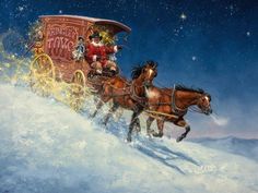 a painting of santa riding in a sleigh pulled by two horses