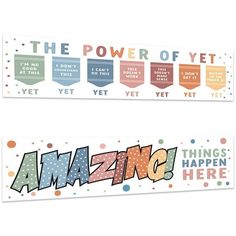 two stickers with the words amazing and the power of yet on them, both in different colors