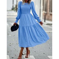 Light Blue Puff Sleeve Pleated Swing Long Dress Casual Midi Dresses, Sophisticated Casual, Dress For Ladies, Tiered Midi Dress, Woven Pattern, Midi Dress Casual, Mid Length Skirts, Skirt Skirt, Vestido Casual