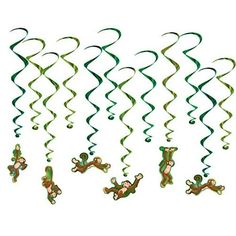 monkey swirls hanging from the ceiling on top of each other in green and brown