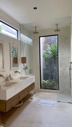 a bathroom with two sinks and a large window in the corner that looks out onto the jungle