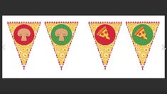 three slices of pizza with different toppings on them hanging from a line next to each other