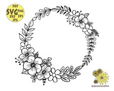 a flower wreath with leaves and flowers on it, in the shape of a circle