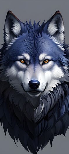 a wolf with orange eyes is shown in this digital painting