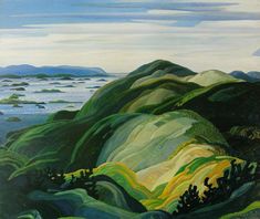 an oil painting of green hills and blue water with clouds in the sky behind them