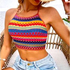 Women's Boho Knit Geometric Pattern Halter Top Nwt Rainbow / S Multicolor Knit Tops For Beach, Multicolor Knit Tops For The Beach, Multicolor Knit Top For The Beach, Colorful Fitted Beach Top, Fitted Colorful Beach Top, Fitted Colorful Patterned Top For Beach, Multicolor Knitted Tops For Summer, Colorful Knit Tops For Summer, Multicolor Knit Top For Day Out