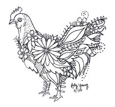 a black and white drawing of a rooster with flowers