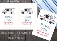 thank you cards with an image of a firetruck and the words, thank you