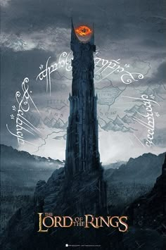 the lord of the rings movie poster with an orange eye on it's tower