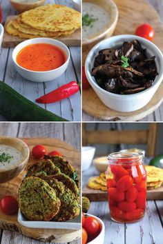 four different pictures show various foods in bowls and on the table, including breads, tomatoes, mushrooms, dips, and vegetables