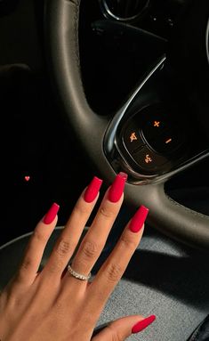 #red #nails #coffinshapenails August Nails Solid Color, Square Nails Ideas Red, Red Nails September, Full Red Nails, Red Nails Coffin Shape, Red Nails Square Long, Nails Acrylic Winter Colors, Nails Coffin Red, Nail Inspo Coffin Red