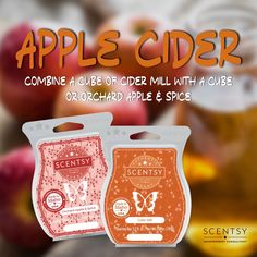 two bottles of apple cider next to an orange and pink bottle with the words, apples cider